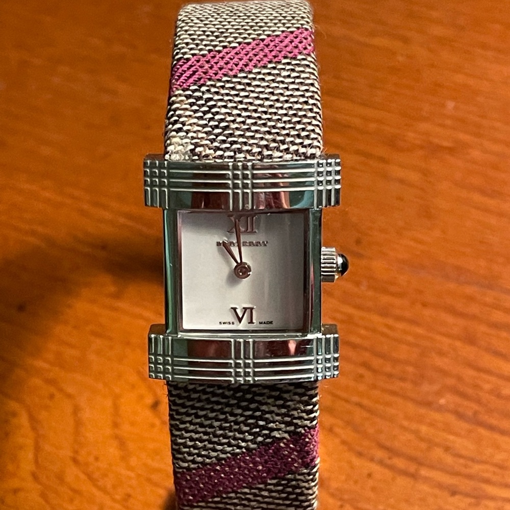 Burberry brown/pink plaid watch, silver and mother of pearl square face